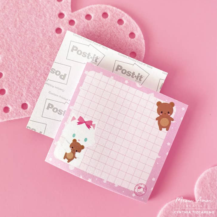 White Kitten Pink Grid sticky notes