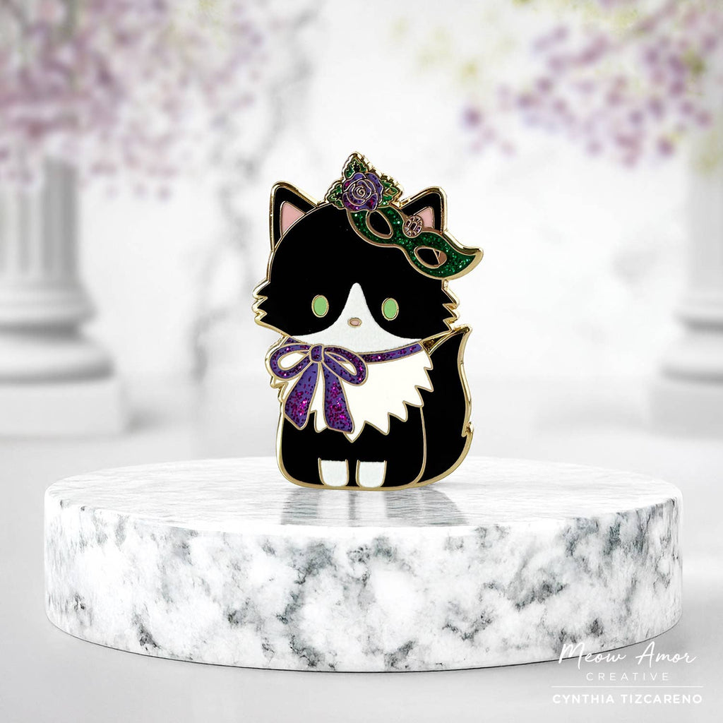 Masquerade Fluffy Tuxedo Cat Glitter Hard Enamel Pin
