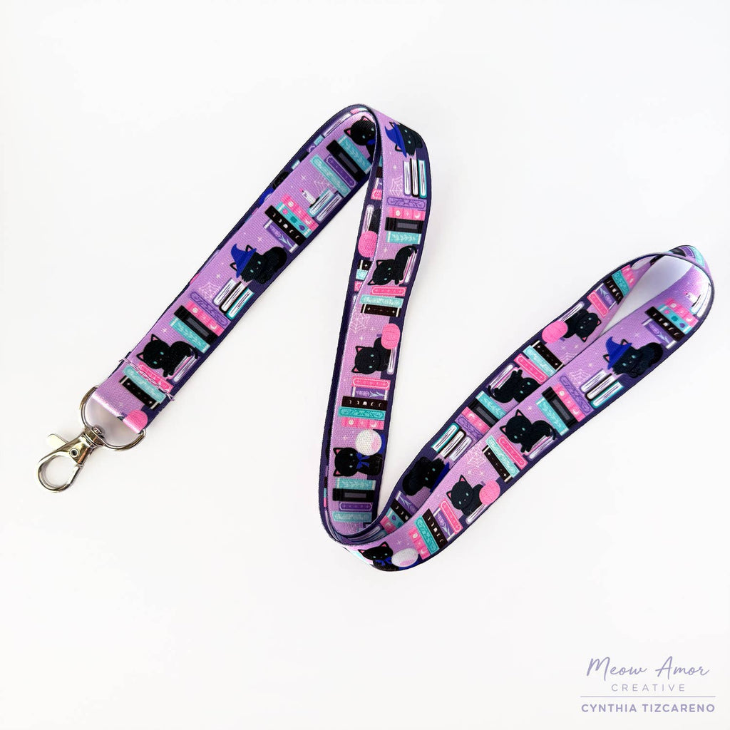 Book Library Spooky Witch Black Cats Lanyard