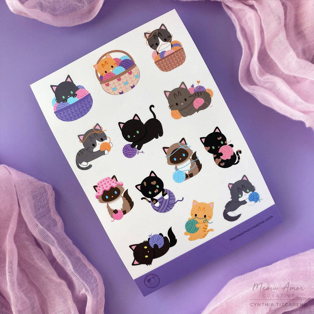 Yarn Ball Playful Cats Vinyl Sticker Sheet