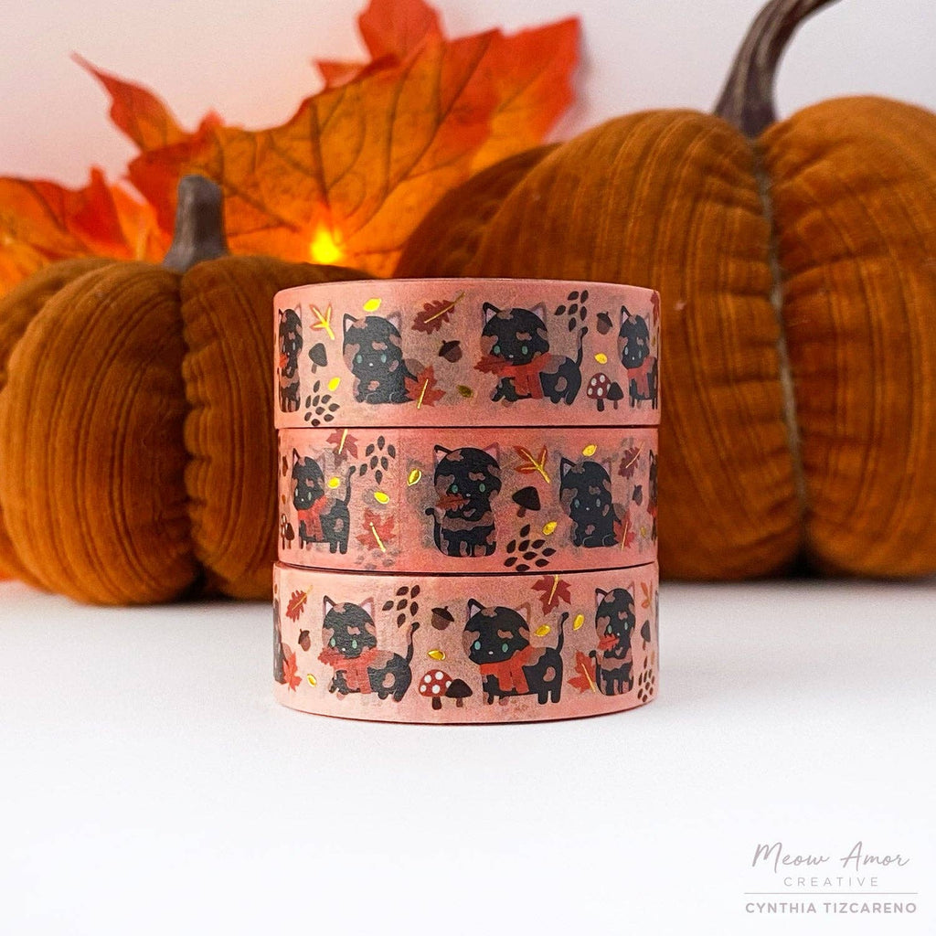 Autumn Leaves Tortie Cat Holographic Gold Foil Washi Tape 10m x 15mm