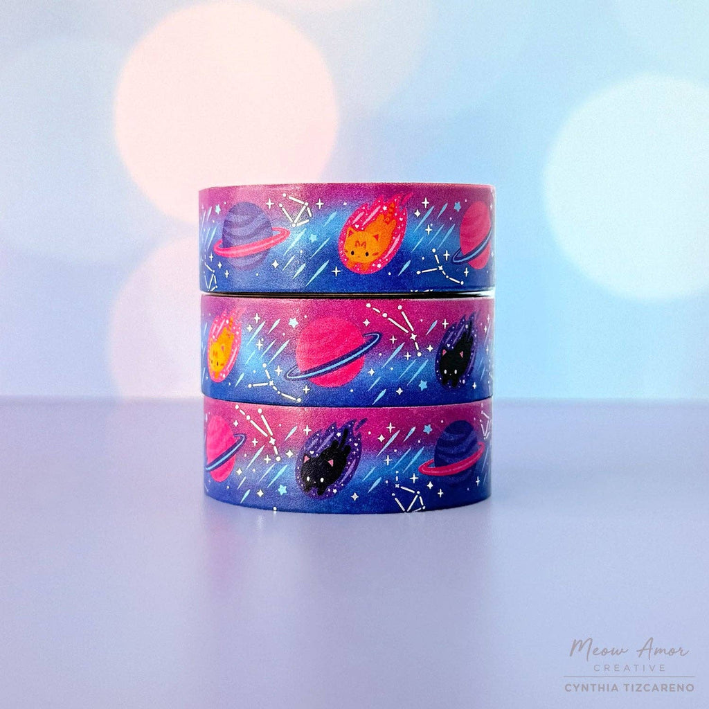 Cosmic Space Comet Saturn Planet Cats Holographic Silver Foil Washi Tape 10m x 15mm