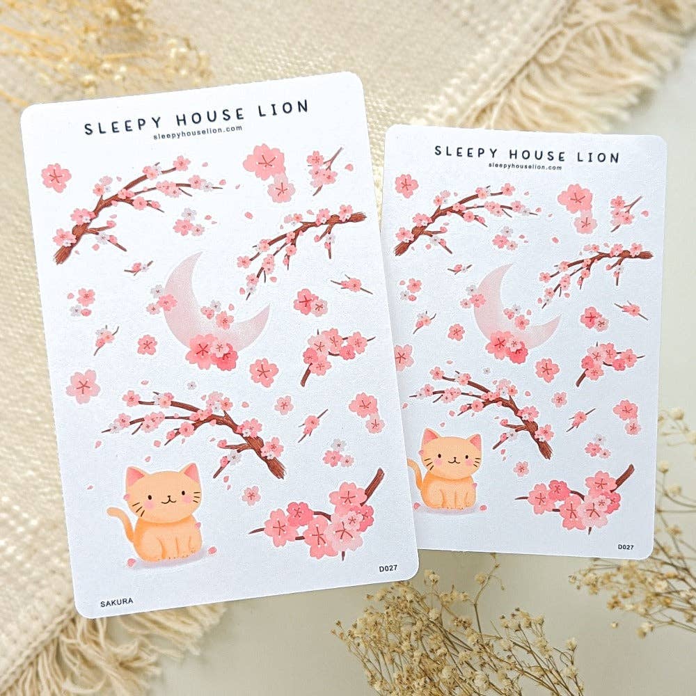 Cherry Blossom Tree Orange Cat Sticker Sheet