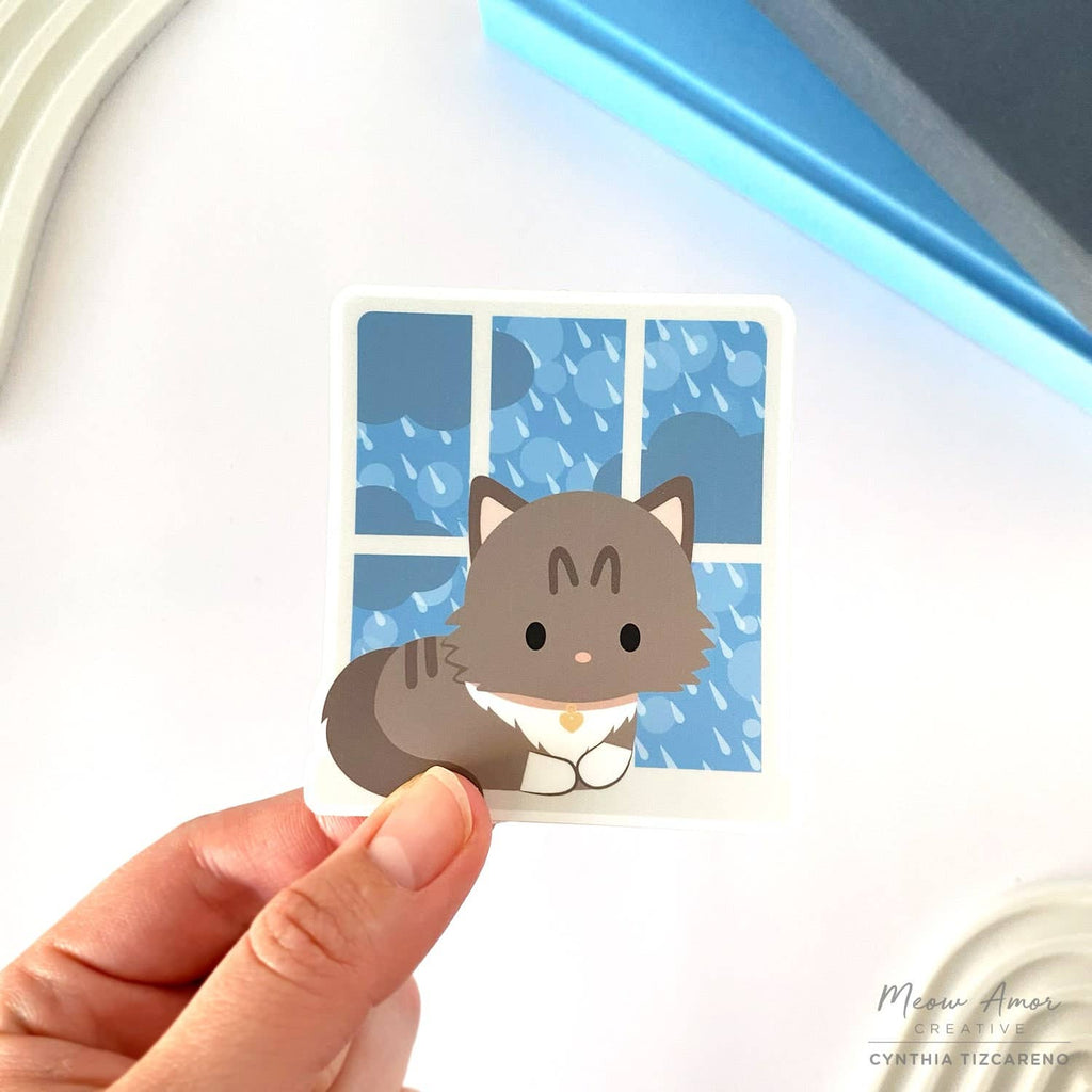 Rainy Day Window Grey Tabby Cat Vinyl Sticker