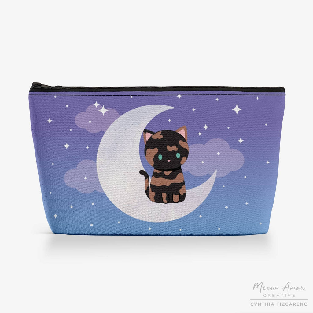 Tortie Cat on Moon canvas zipper bag