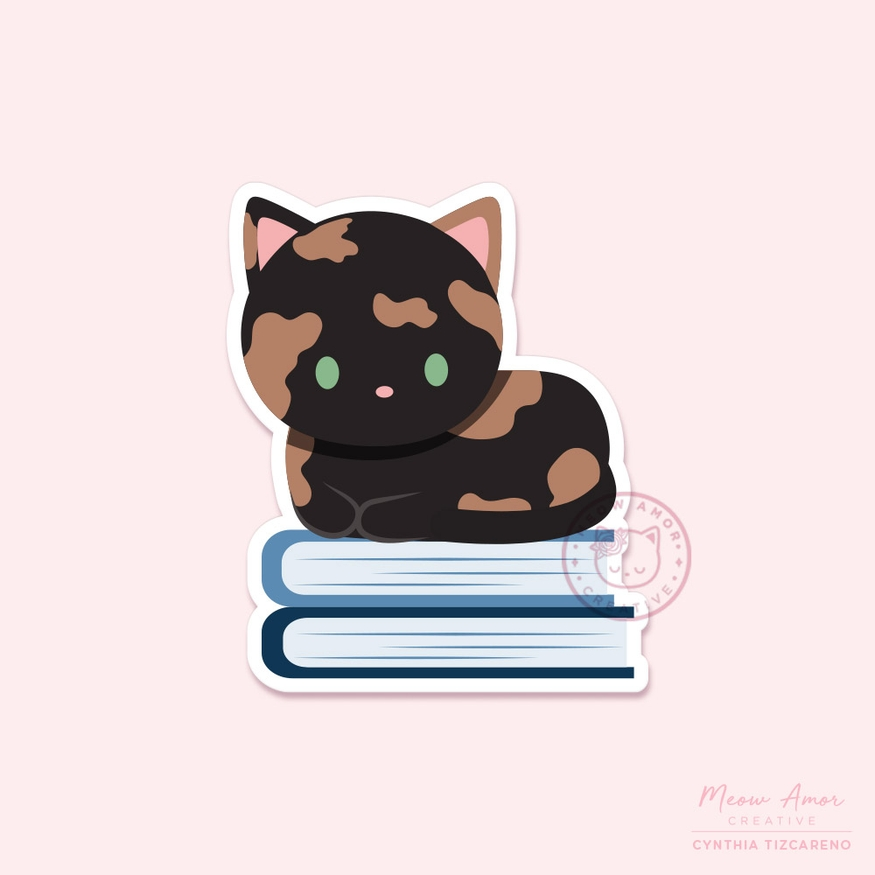 Tortie Cat On Books sticker