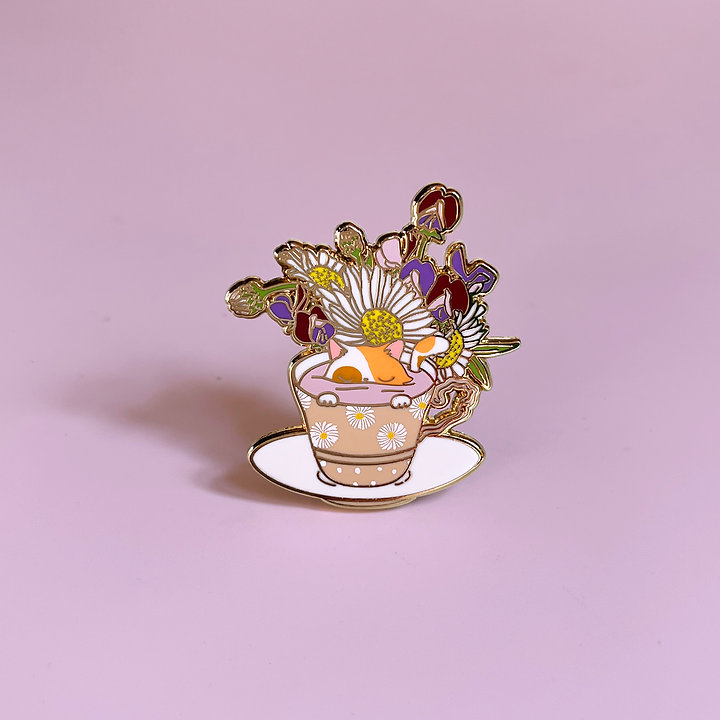 April Birth Flower Cat in Tea Cup Hard Enamel Pin