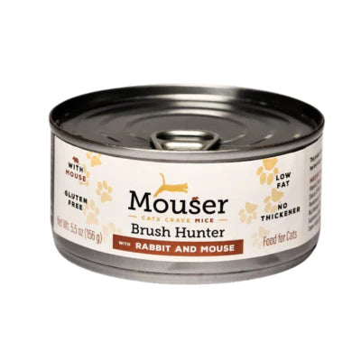 Canned cat food can with 'Mouser' branding on a white background