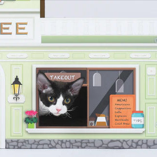 Cat-themed takeout window with a black and white cat inside, resembling a coffee shop.
