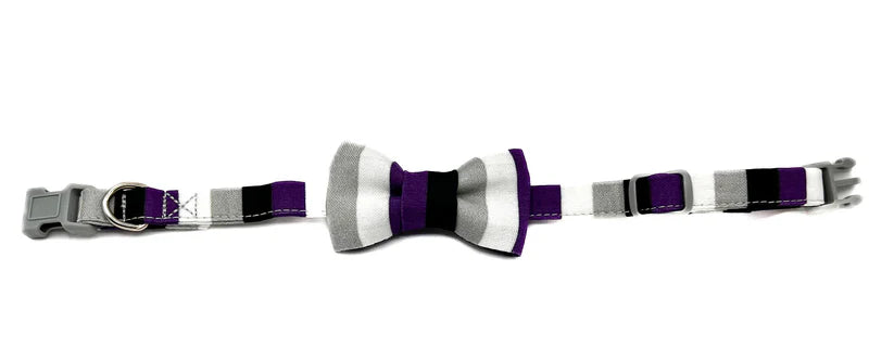 Cat collar with a striped bow tie on a white background