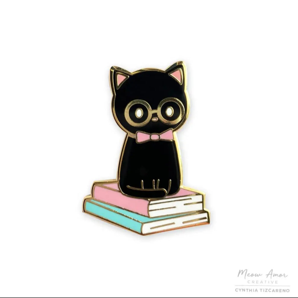 Book Pile Studious Black Cat Hard Enamel Pin