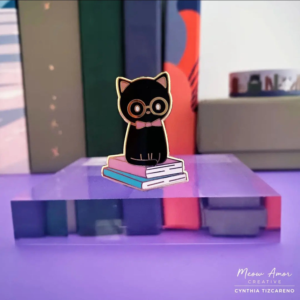 Book Pile Studious Black Cat Hard Enamel Pin