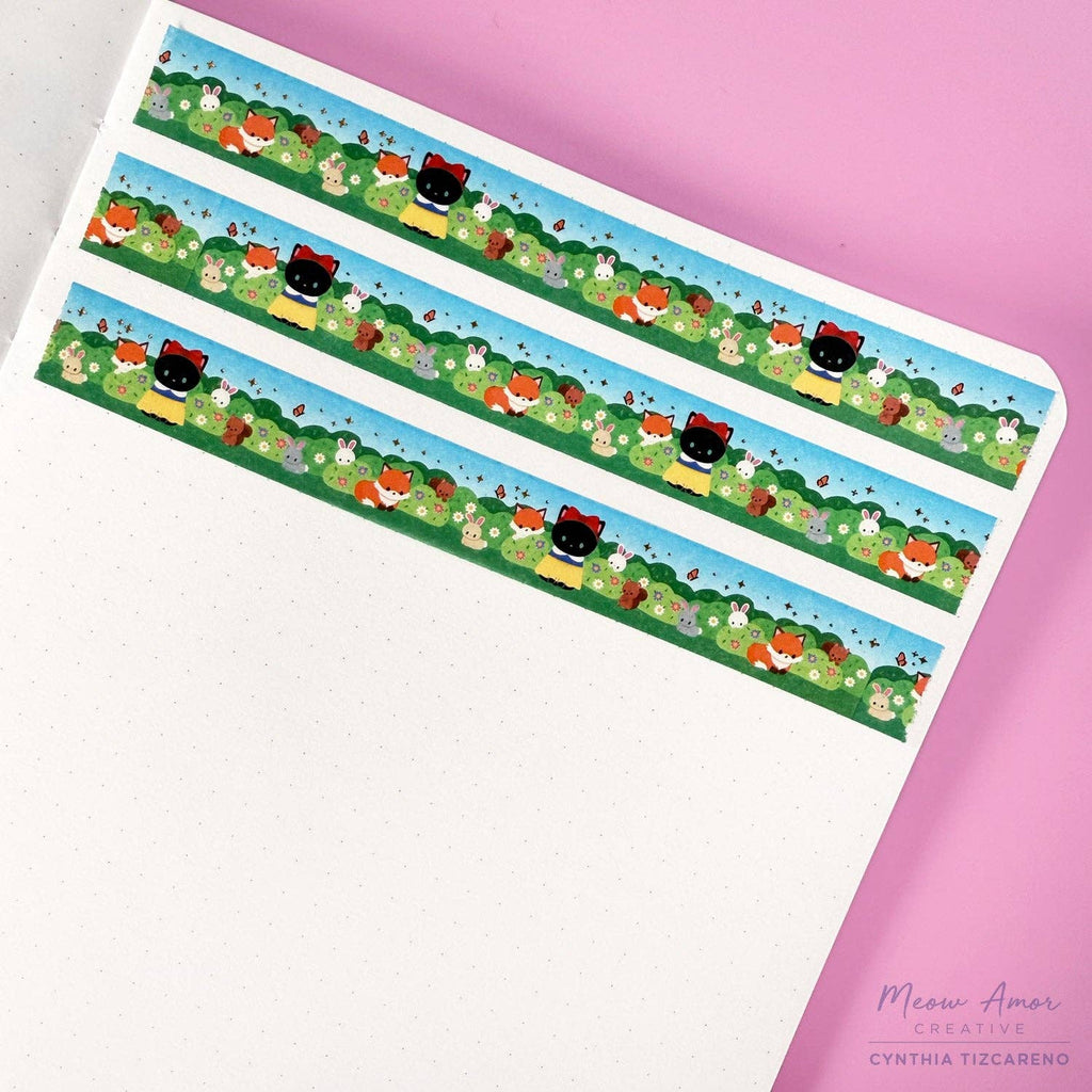 Decorative strip with cartoon characters on a white and pink background