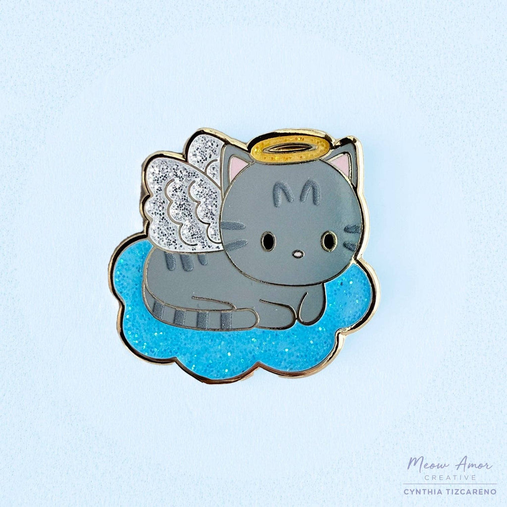 Angel Grey Tabby Cat on Cloud Glitter Hard Enamel Pin