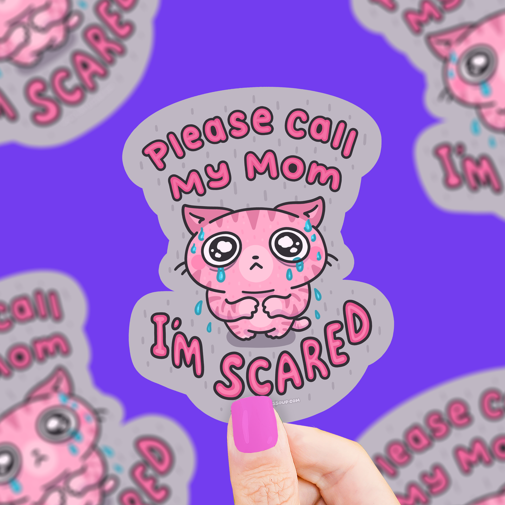 Pink cartoon cat with text 'Please call my mom, I'm scared' on a purple background.