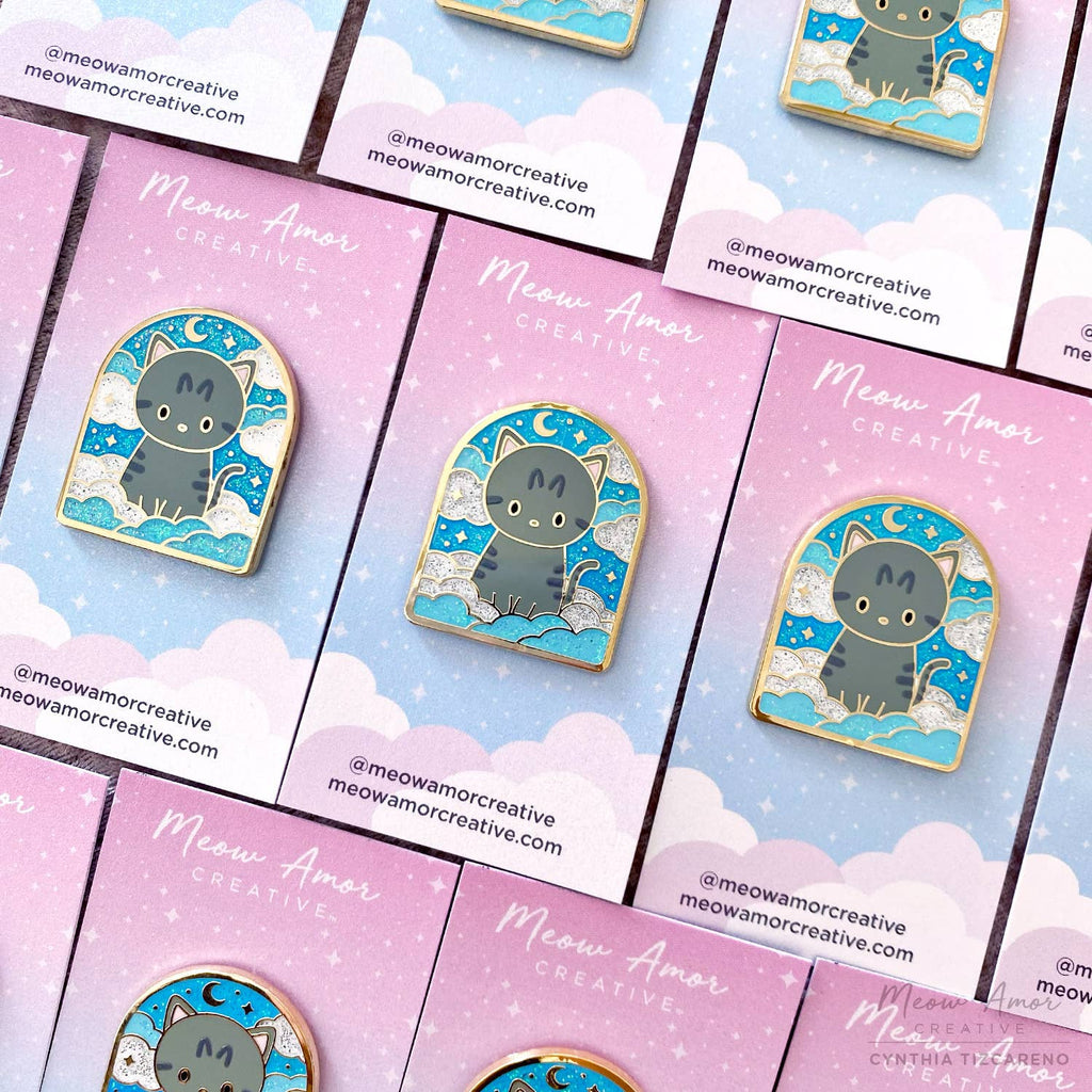 Gray Tabby Daylight Daytime Skies Glitter Enamel Pin