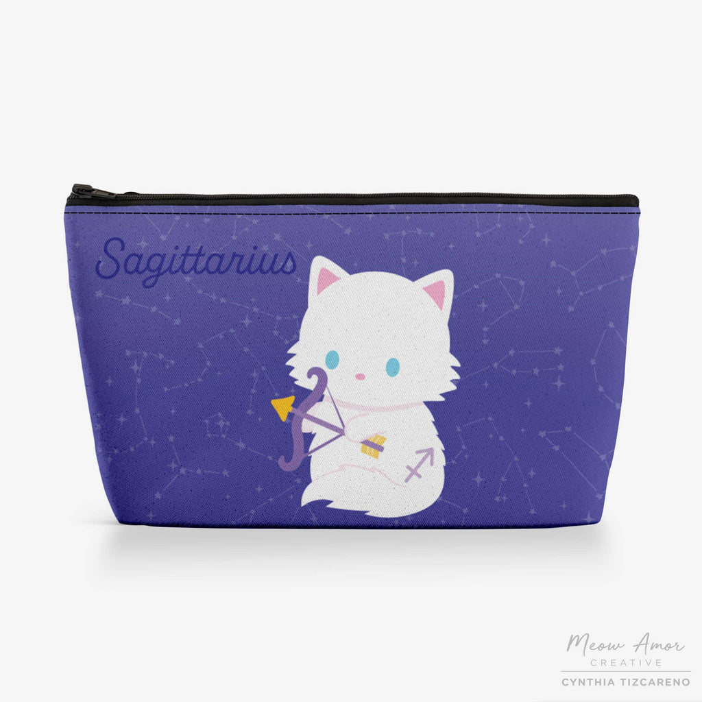 Pouch with a cat illustration holding a bow and arrow on a purple background with star patterns, featuring the word 'Sagittarius'.