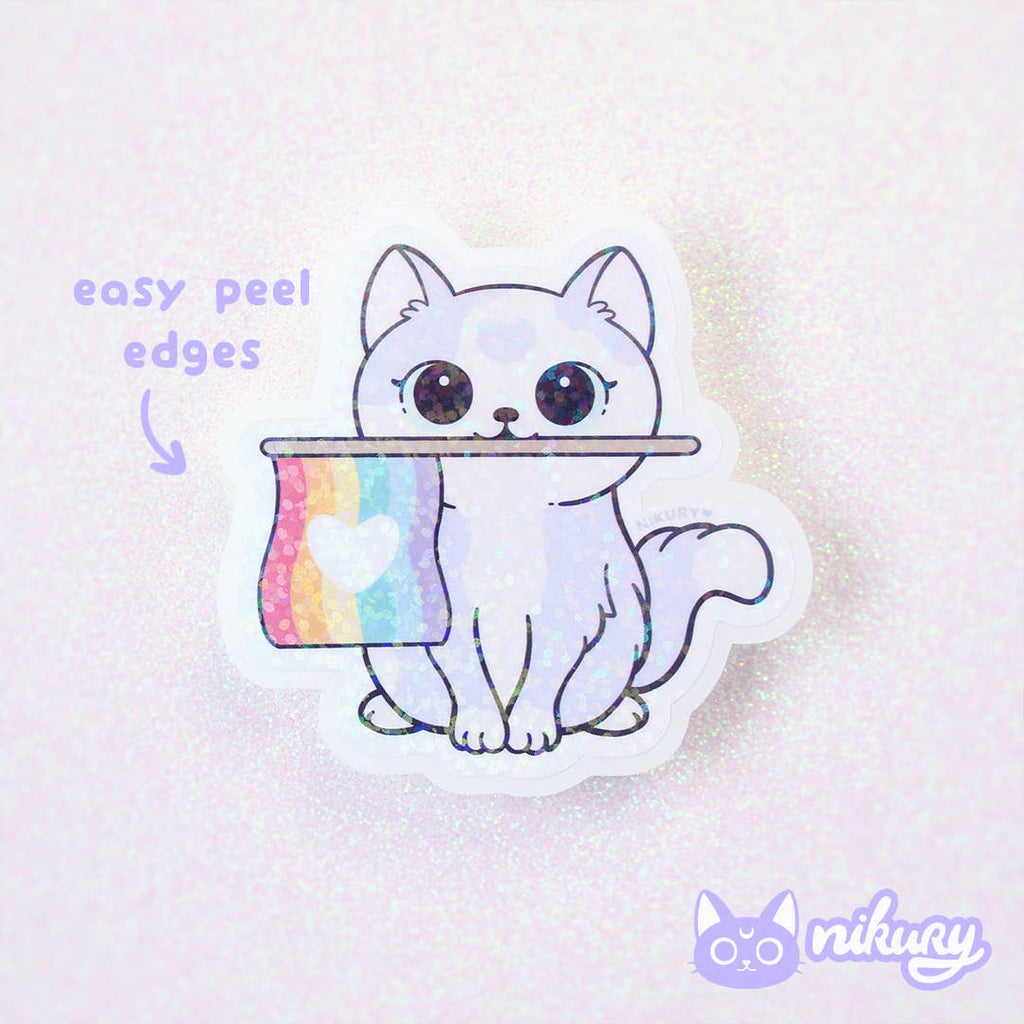 Purride White Cat with Rainbow Flag Glitter Sticker