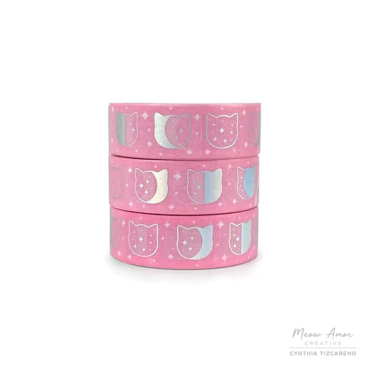 Pink Moon Phase Cats Foil Washi Tape