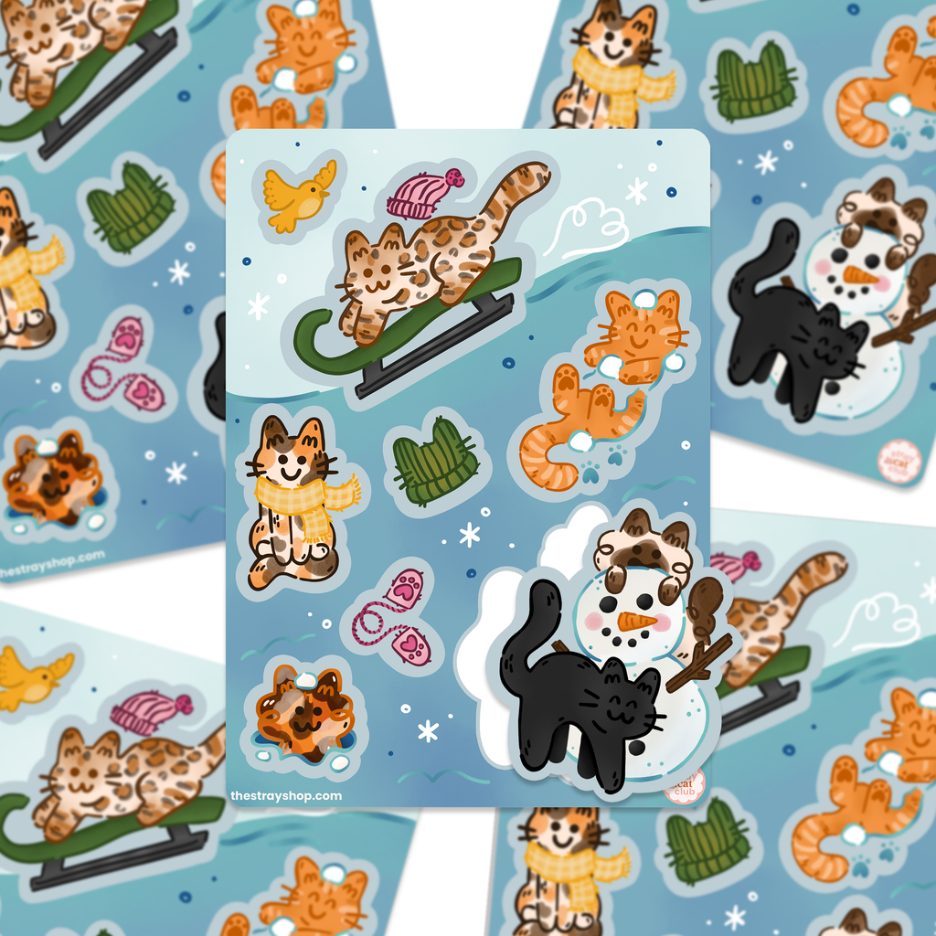 Winter Sled Snow Cats Vinyl Sticker Sheet