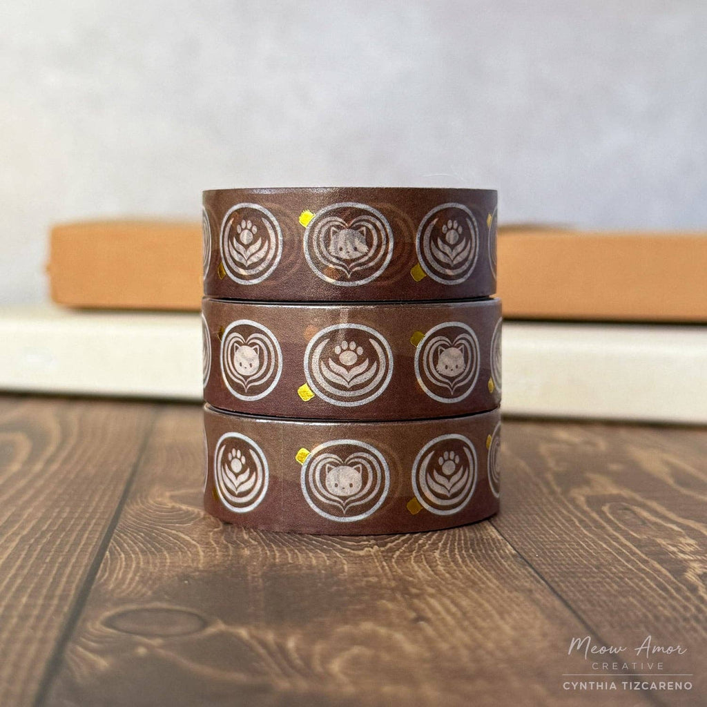 Coffee Dark Roast Latte Cats Holographic Gold Foil Washi Tape 10m x 15mm