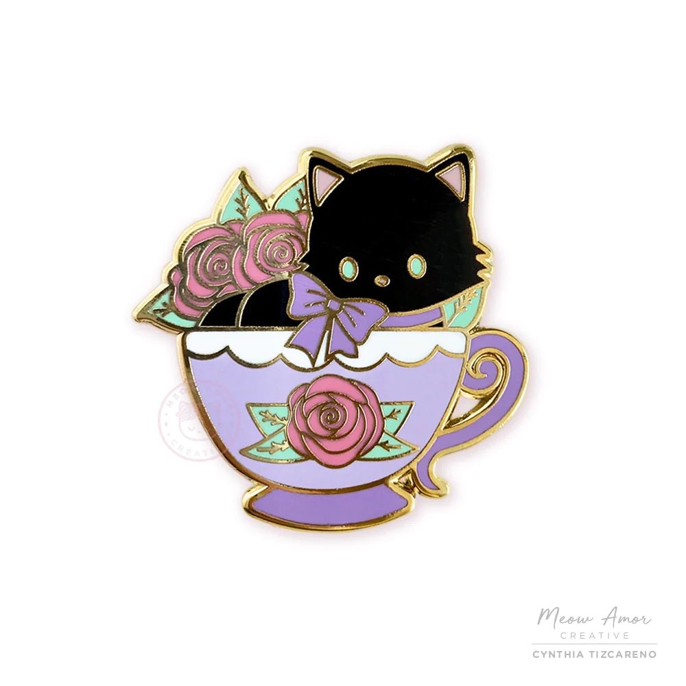 Vintage Lavender Teacup Black Cat Hard Enamel Pin