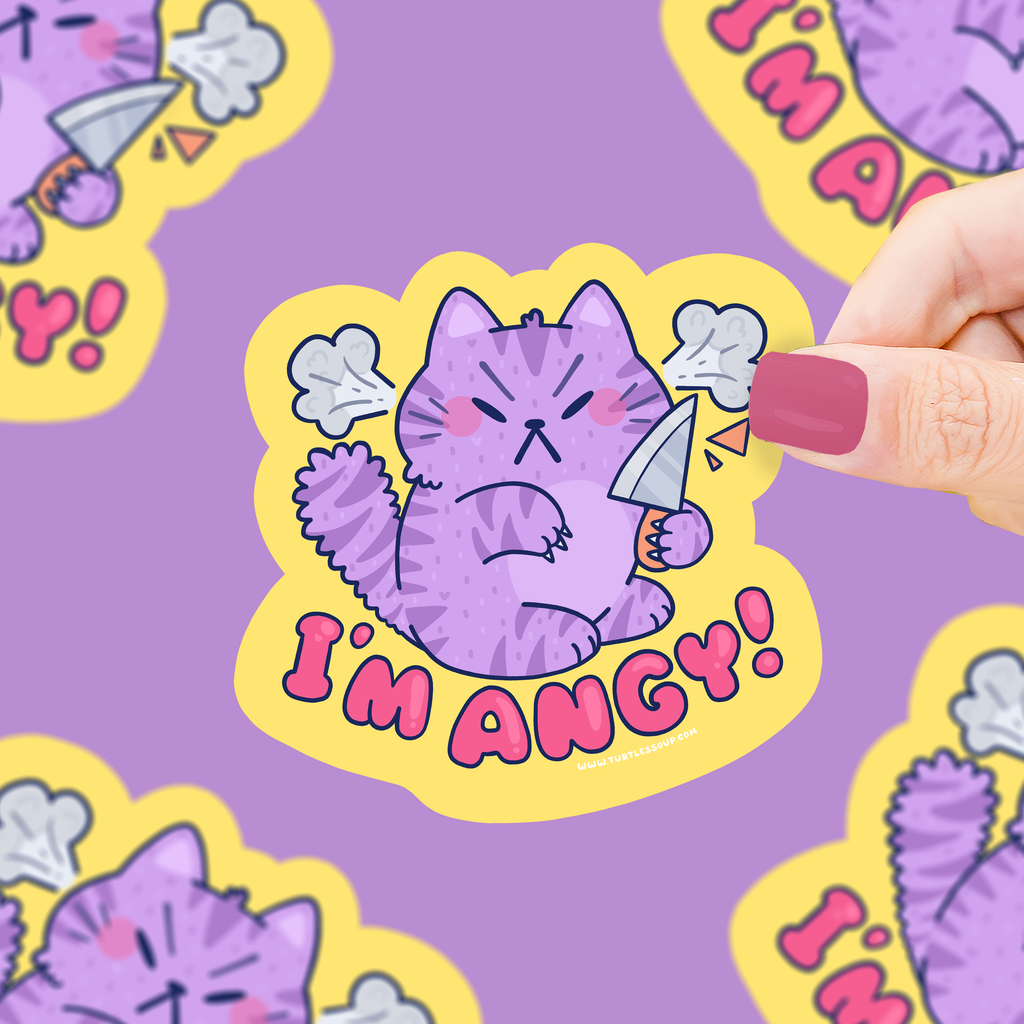 Sticker with a purple cat and 'I'm Angy!' text on a purple background