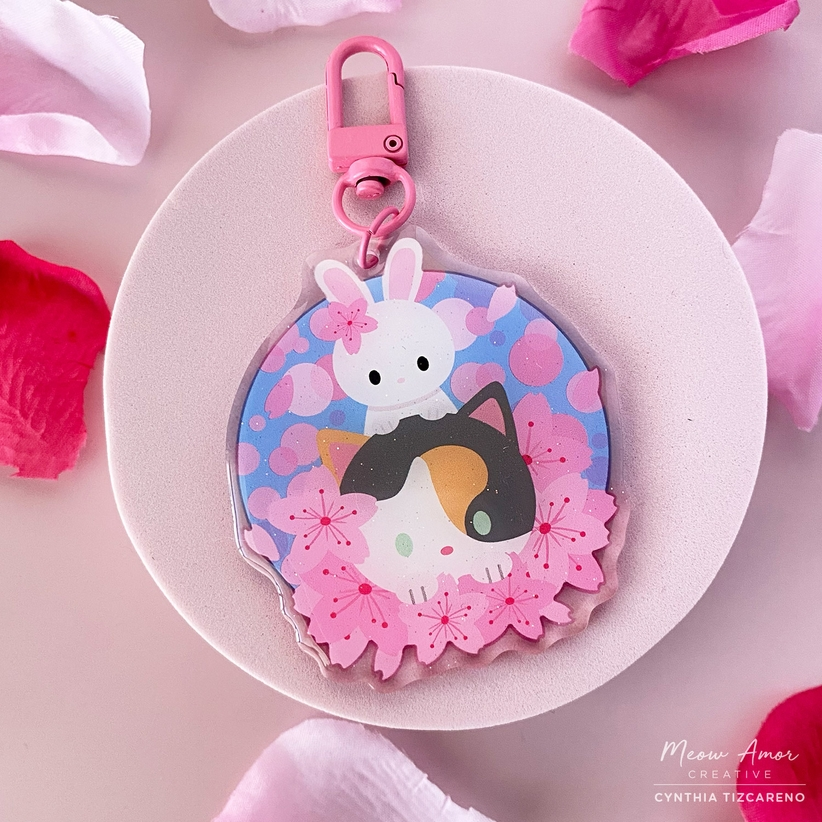 Cherry Blossom Calico Cat and Bunny acrylic charm keychain