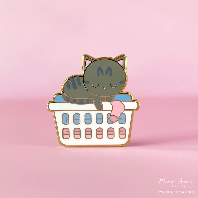 Sleepy Laundry Cat enamel pin