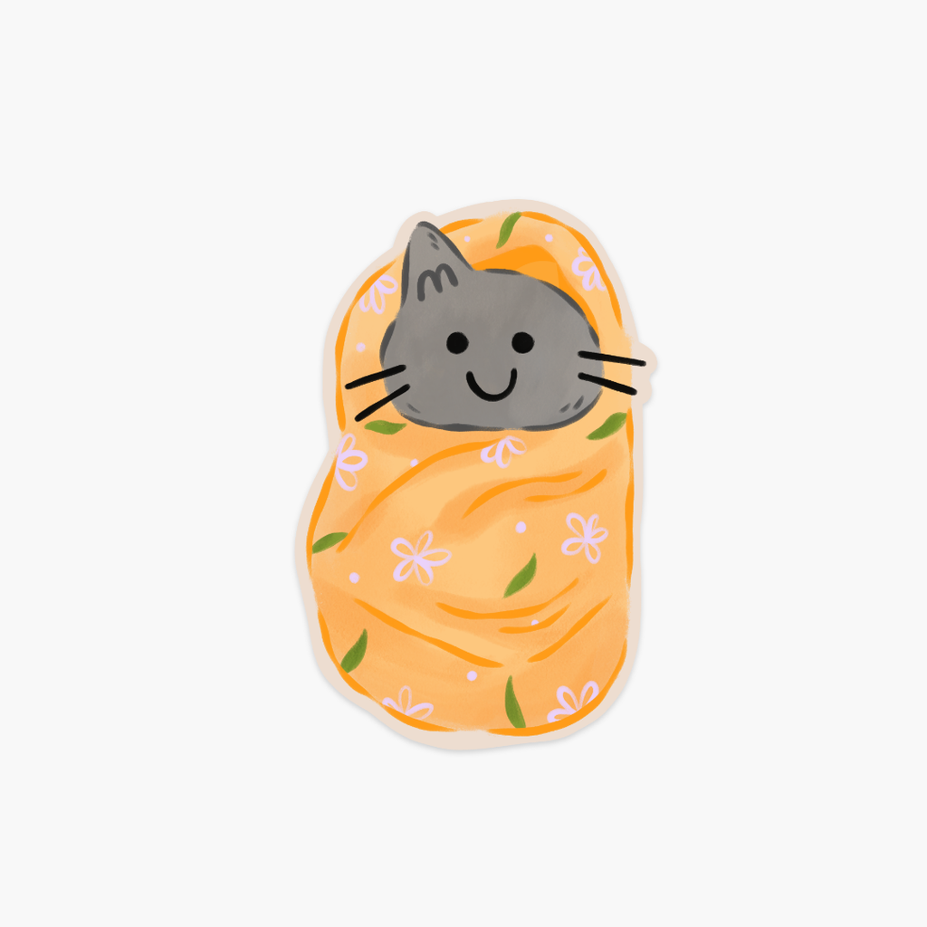 Floral Yellow Purrito Blanket-Wrapped Grey Cat Burrito Vinyl Sticker