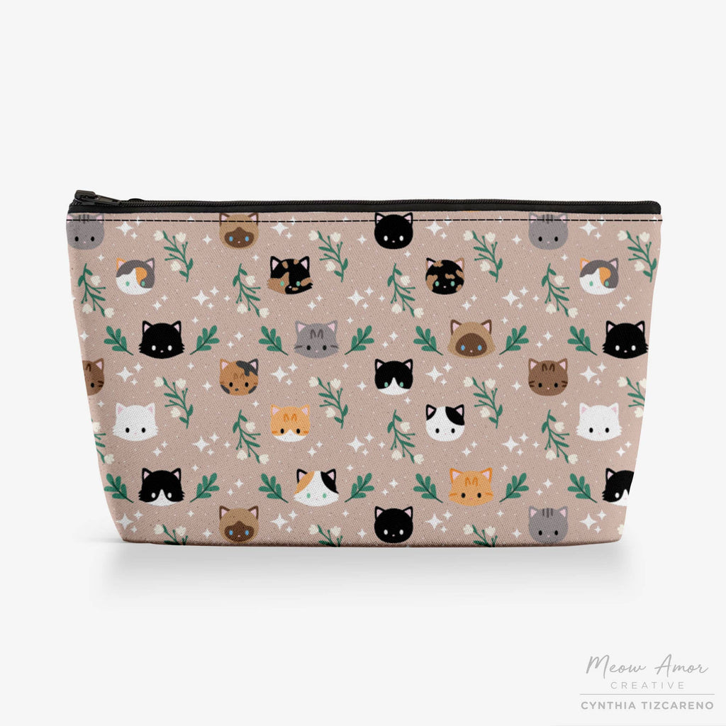 Pouch with cat pattern on a beige background
