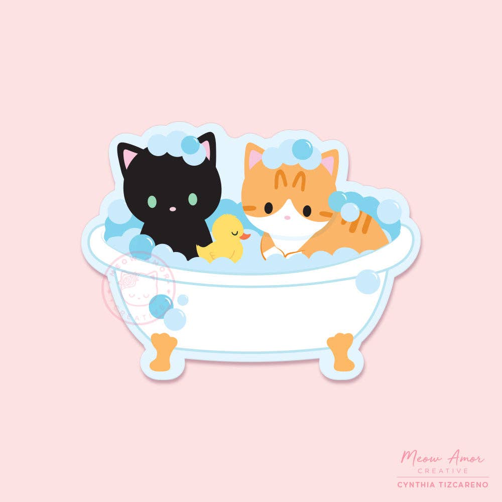 Sticker of two cats in a bathtub with bubbles and a duck on a pink background
