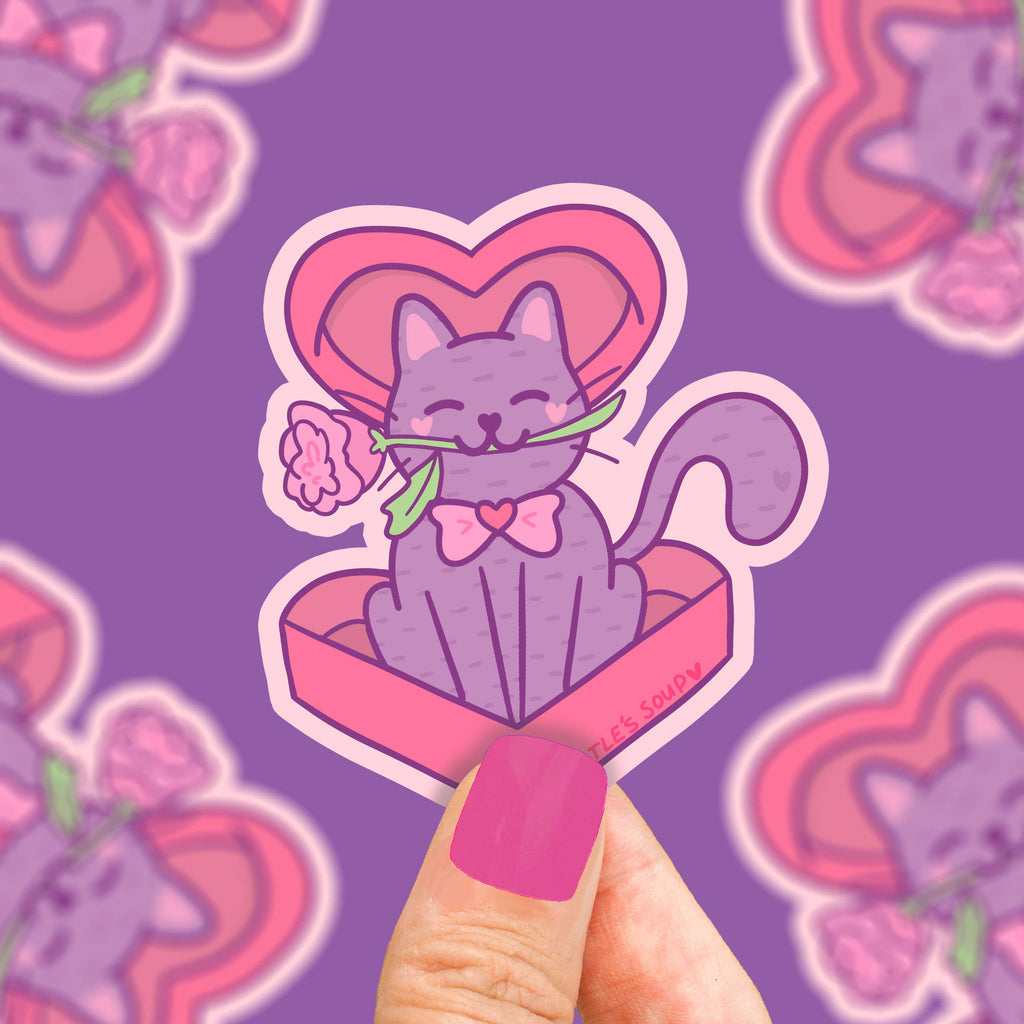 Romantic Rose Kitty in Heart Shaped Box Vinyl Sticker