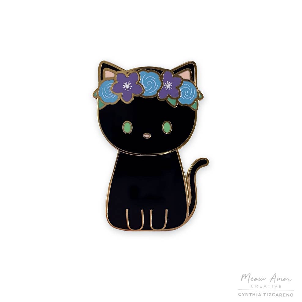 Flower Crown Black Cat Hard Enamel Pin