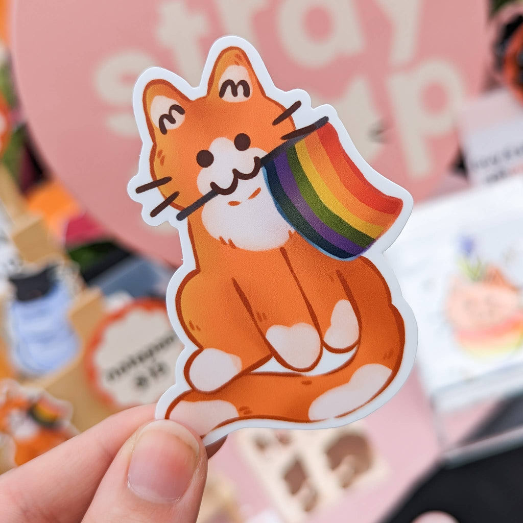 Rainbow Pride Flag Holding Orange Tabby Cat Vinyl Sticker