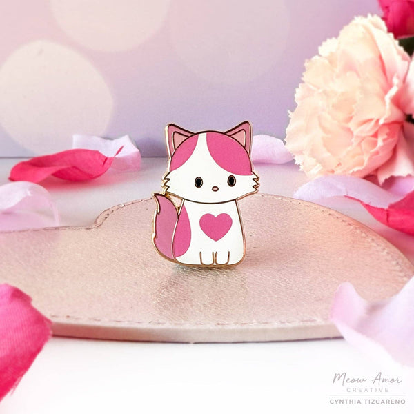Heart-shaped Spot Fluffy Pink and White Cat Hard Enamel Pin | Kitties ...