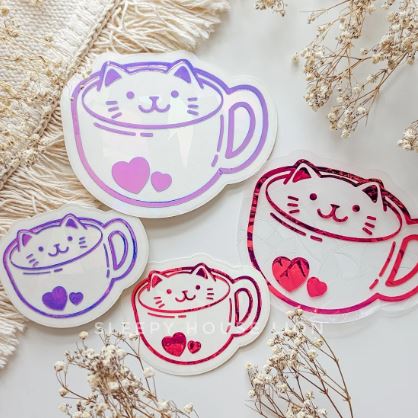 Tea Cup Mug Cappuccino Latte Coffee Cat Suncatcher Sticker Decal