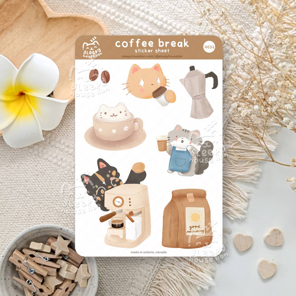 Coffee-themed sticker sheet with cute illustrations on a decorative background