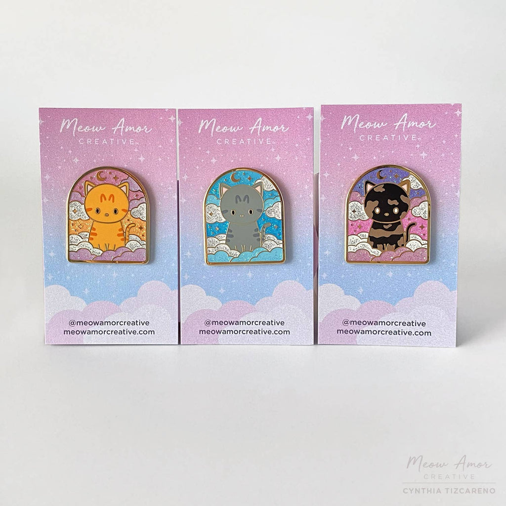 Cloudy Sunrise Sunset Moon Sky Orange Tabby Cat Glitter Hard Enamel Pin