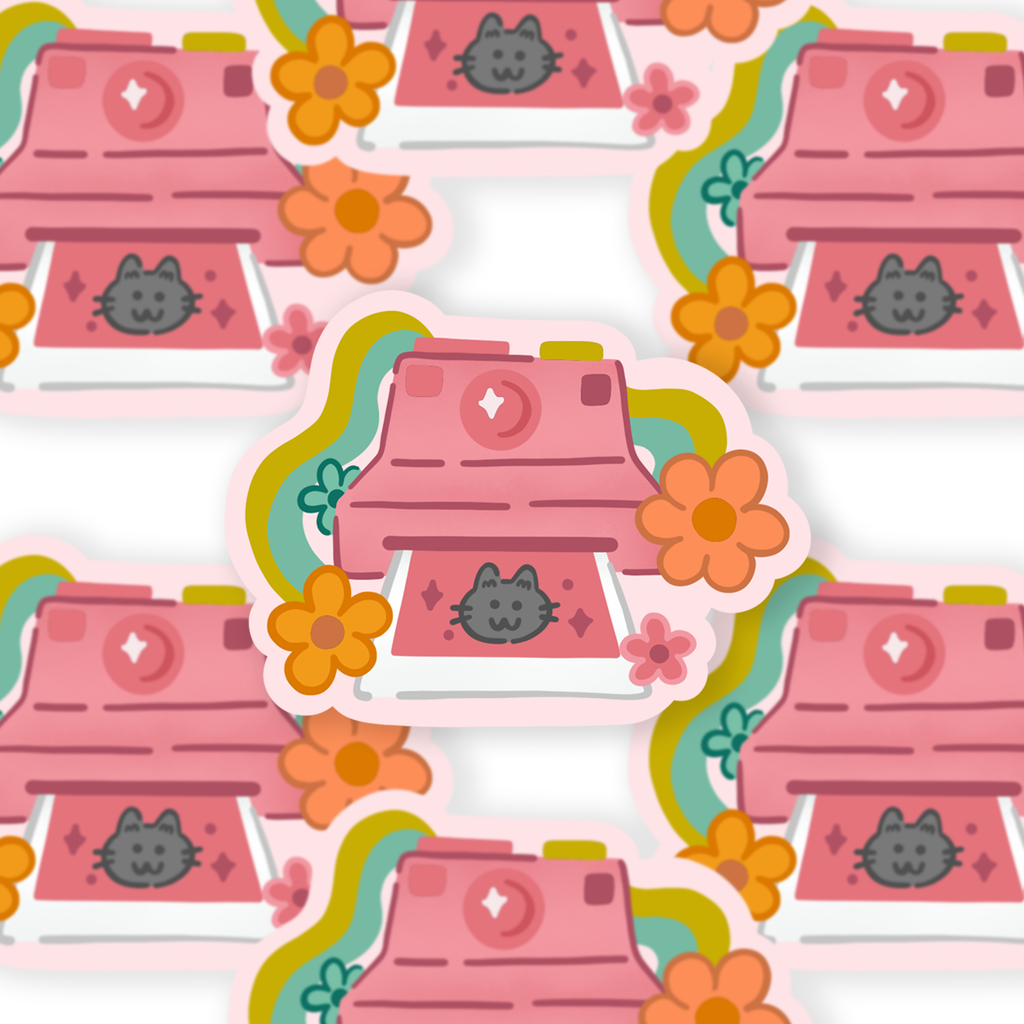 Polaroid Vintage Photo Camera Grey Cat Vinyl Sticker