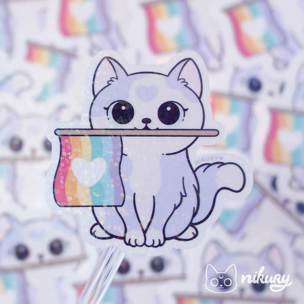 Purride White Cat with Rainbow Flag Glitter Sticker