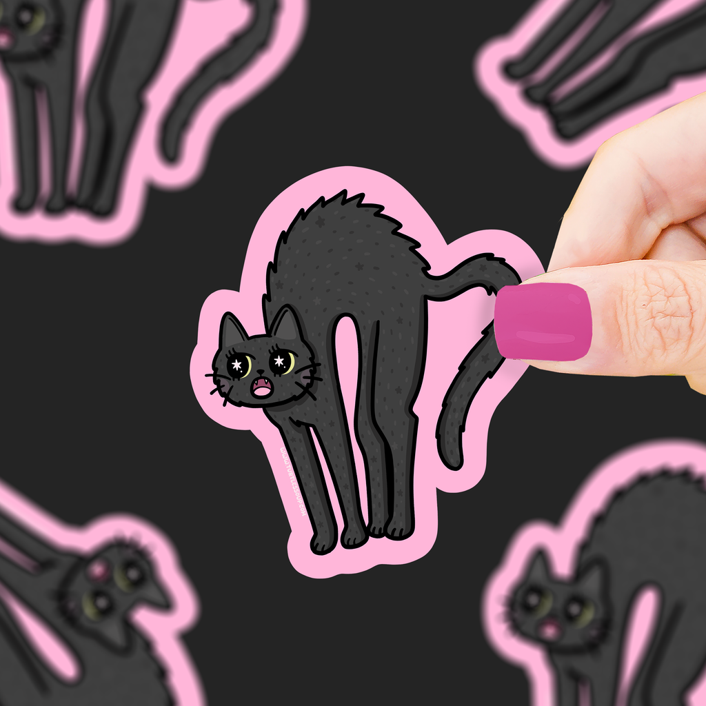 Hand holding a black cat sticker with pink border against a patterned background