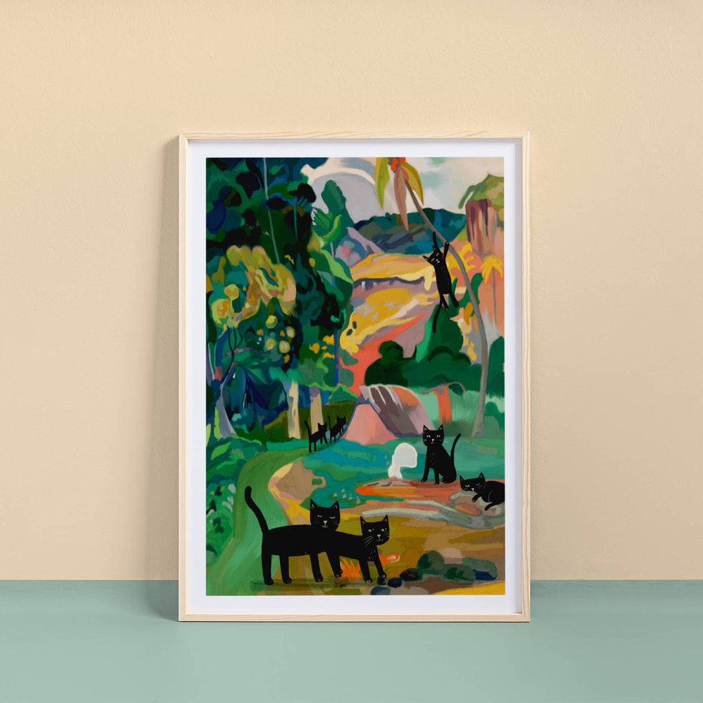 Paw Gauguin "Landscape with Peacocks" Black Cats Famous Painting A4 Art Print