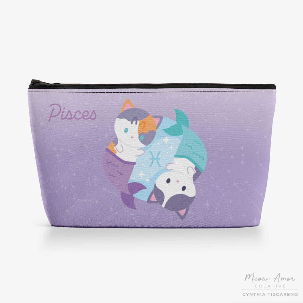 Purple pouch with cat-themed design and 'Pisces' text