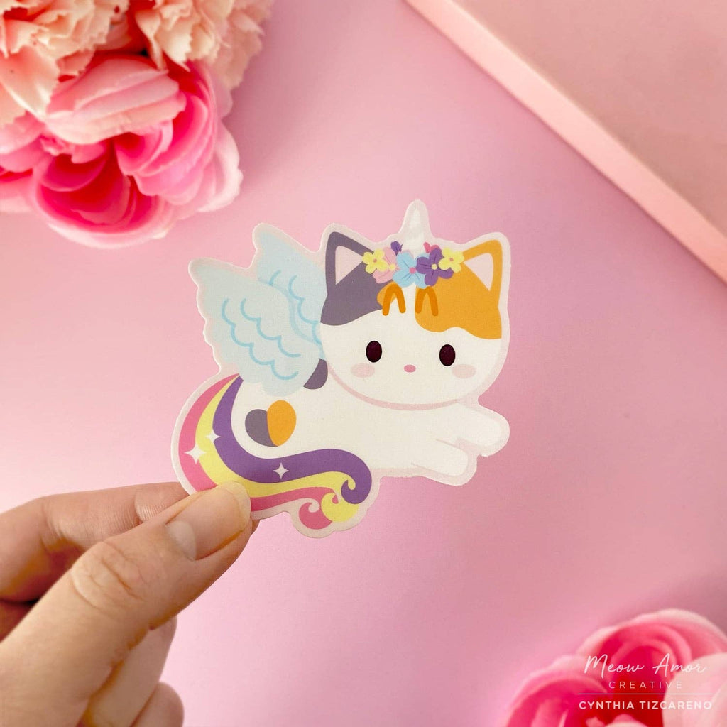 Pegasus Angel Unicorn Calico Cat Vinyl Sticker