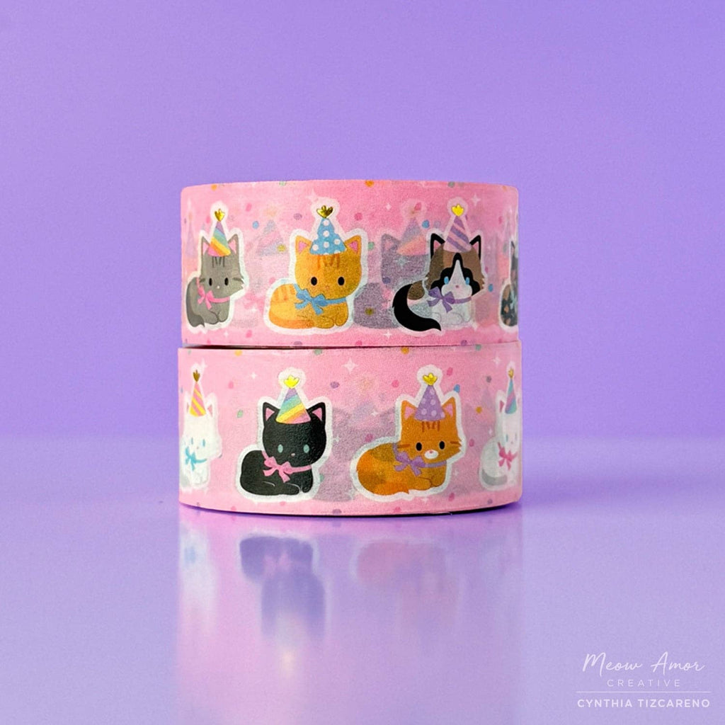 Party Hat Cats Holographic Gold Foil Washi Tape 10m x 20mm