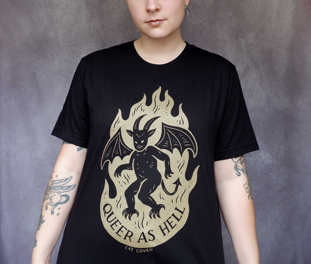 Queer as Hell Winged Fire Demon Devil Universal Screen Printed Bella + Canvas T-shirt
