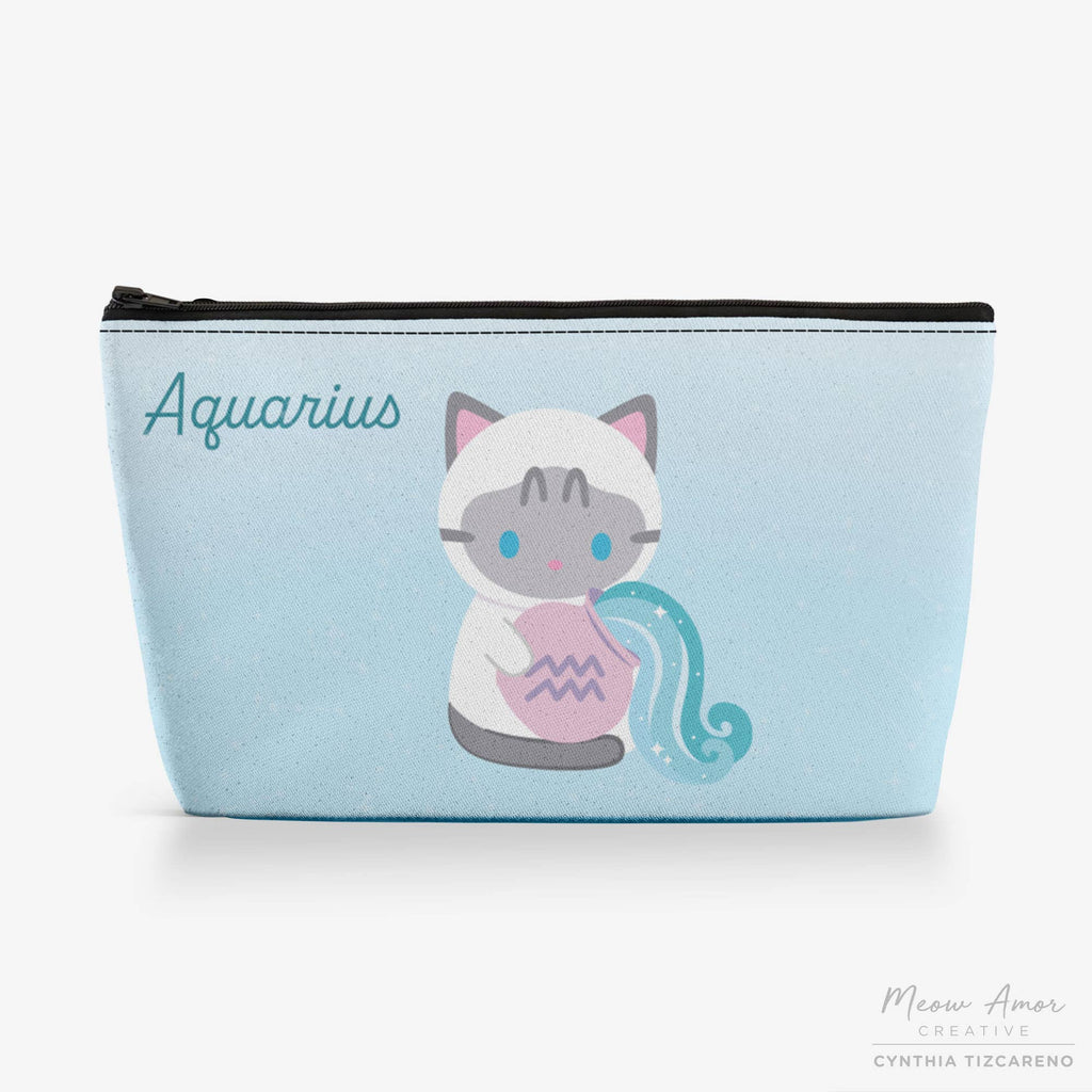 Pouch with a cat design and 'Aquarius' text on a light blue background
