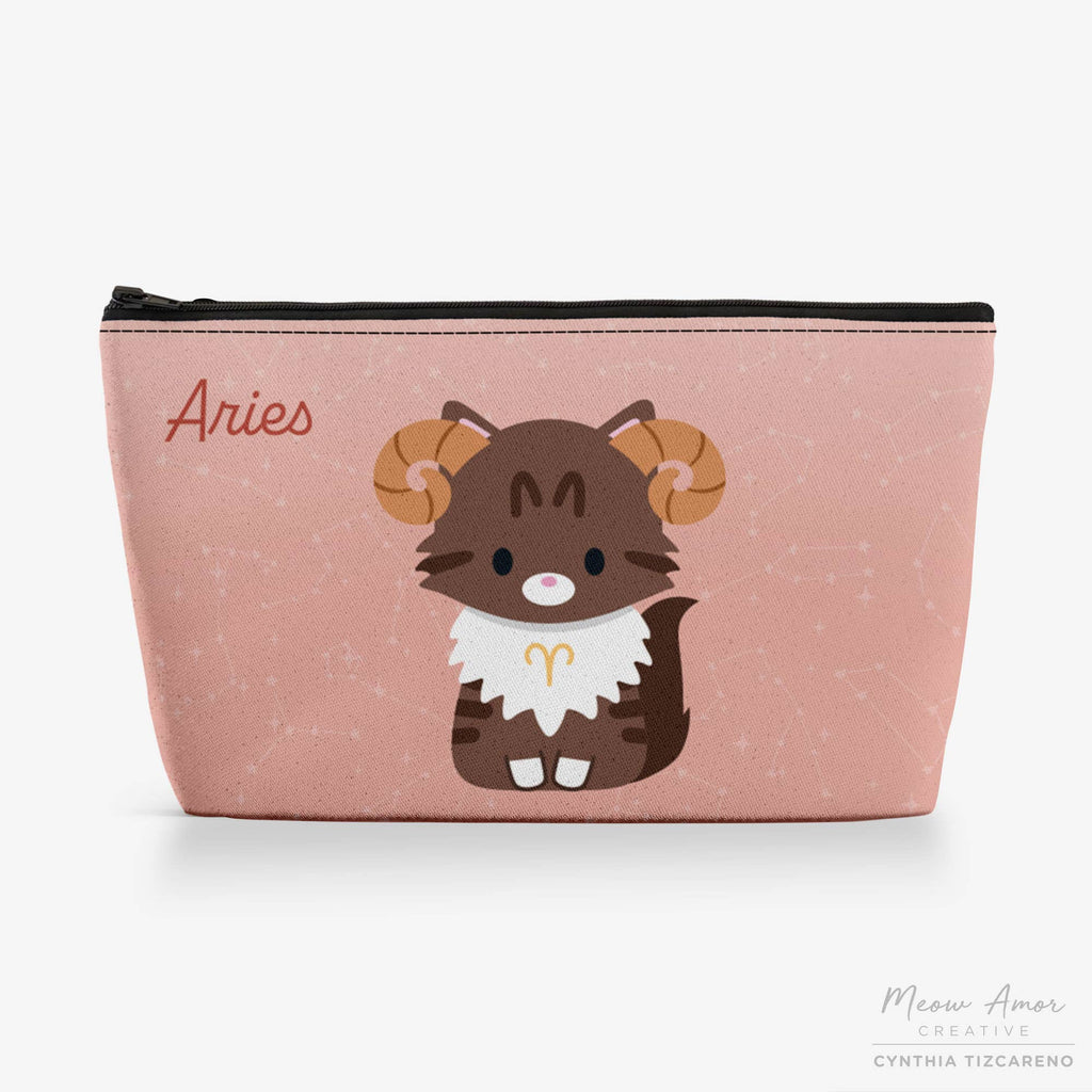 Pouch with Aries zodiac design on a pink background