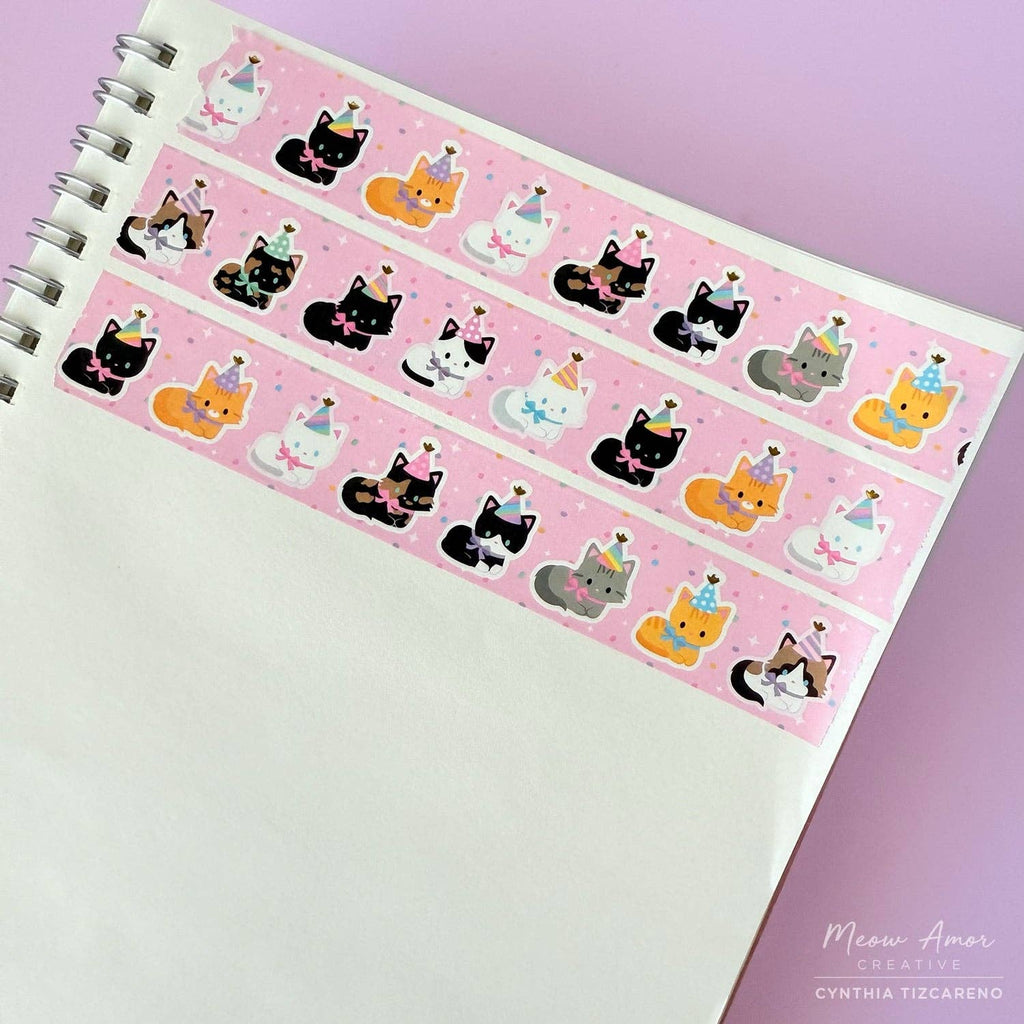 Decorative washi tape featuring cats wearing party hats